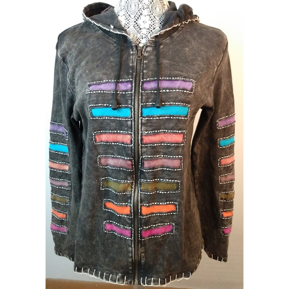 Art Studio Produce Boho Hippie Applique Mineral Washed Cotton Zippered Hoodie M